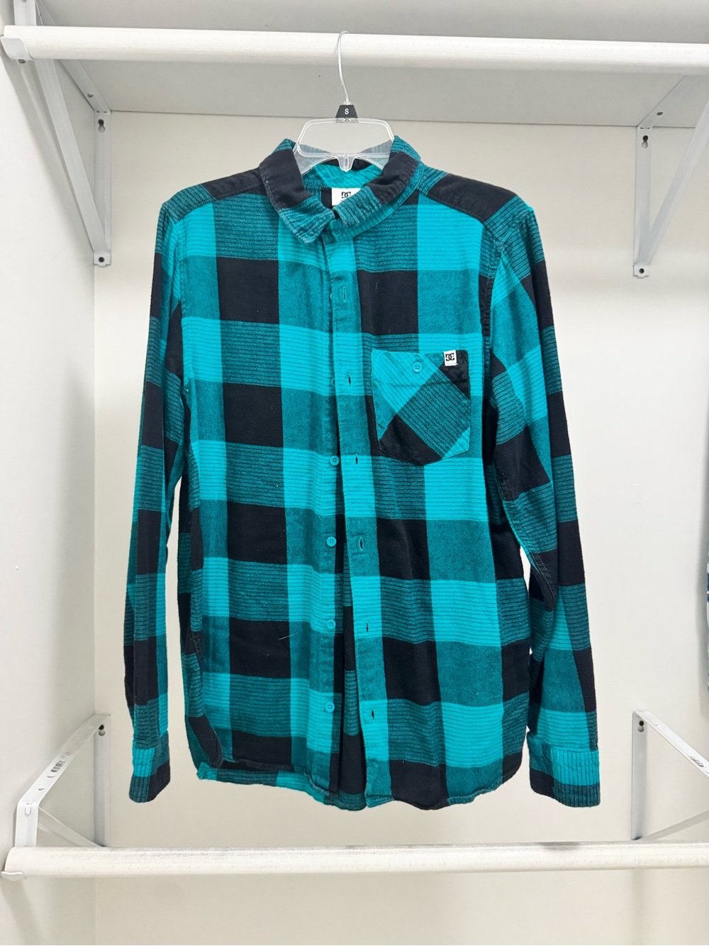 DC Men's Teal and Black Check Button-Down Shirt